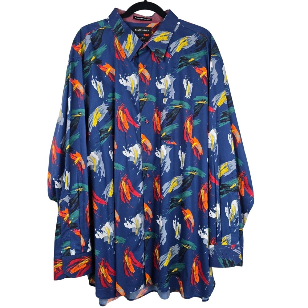 Paul Fredrick 4XL Classic Fit Abstract Paintbrush Botton Down Blue‎ Cotton Mens